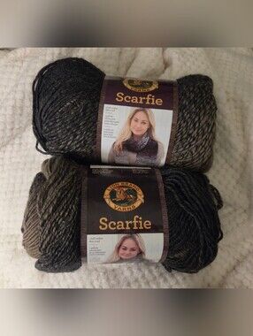 2 SKEINS OF HIGH-QUALITY LION BRAND YARN SCARFIE TAUPE & CHARCOAL